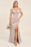 Candy Pink A Line Sheath Satin Off the Shoulder Maxi Bridesmaid Dress with Slit