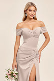 Candy Pink A Line Sheath Satin Off the Shoulder Maxi Bridesmaid Dress with Slit
