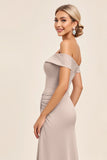 Candy Pink A Line Sheath Satin Off the Shoulder Maxi Bridesmaid Dress with Slit