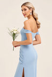 Blush Pink Off the Shoulder Sheath Long Bridesmaid Dress with Side Slit