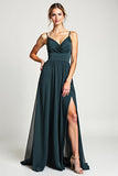 Peacock A Line Chiffon Spaghetti Straps Maxi Bridesmaid Dress with Slit