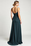 Peacock A Line Chiffon Spaghetti Straps Maxi Bridesmaid Dress with Slit