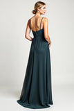 Peacock A Line Chiffon Spaghetti Straps Maxi Bridesmaid Dress with Slit