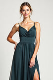 Peacock A Line Chiffon Spaghetti Straps Maxi Bridesmaid Dress with Slit