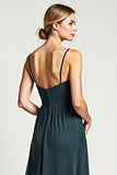 Peacock A Line Chiffon Spaghetti Straps Maxi Bridesmaid Dress with Slit
