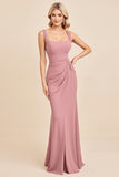 Blush Pink Sheath Satin Square Neck Maxi Bridesmaid Dress with Slit