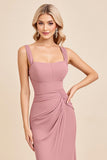 Blush Pink Sheath Satin Square Neck Maxi Bridesmaid Dress with Slit