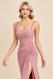 Blush Pink Sheath Satin Square Neck Maxi Bridesmaid Dress with Slit