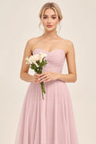 Candy Pink A Line Strapless Sweetheart Maxi Bridesmaid Dress