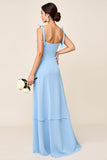Sky Blue Square Neck Sheath Satin Maxi Bridesmaid Dress with Slit