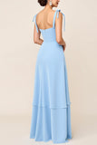 Sky Blue Square Neck Sheath Satin Maxi Bridesmaid Dress with Slit