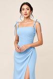 Sky Blue Square Neck Sheath Satin Maxi Bridesmaid Dress with Slit
