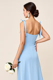 Sky Blue Square Neck Sheath Satin Maxi Bridesmaid Dress with Slit