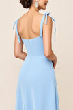 Sky Blue Square Neck Sheath Satin Maxi Bridesmaid Dress with Slit
