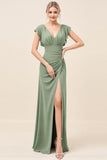 Eucalyptus Sheath V-Neck Maxi Bridesmaid Dress with Slit
