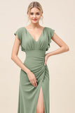 Eucalyptus Sheath V-Neck Maxi Bridesmaid Dress with Slit