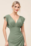 Eucalyptus Sheath V-Neck Maxi Bridesmaid Dress with Slit