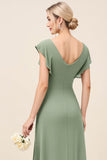 Eucalyptus Sheath V-Neck Maxi Bridesmaid Dress with Slit