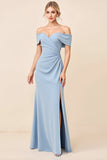 Sheath Dusty Blue Satin Off the Shoulder Maxi Bridesmaid Dress with Slit