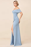 Sheath Dusty Blue Satin Off the Shoulder Maxi Bridesmaid Dress with Slit