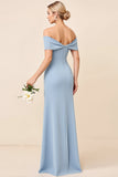 Sheath Dusty Blue Satin Off the Shoulder Maxi Bridesmaid Dress with Slit