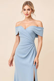 Sheath Dusty Blue Satin Off the Shoulder Maxi Bridesmaid Dress with Slit