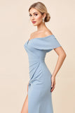 Sheath Dusty Blue Satin Off the Shoulder Maxi Bridesmaid Dress with Slit
