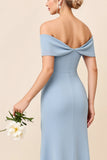 Sheath Dusty Blue Satin Off the Shoulder Maxi Bridesmaid Dress with Slit