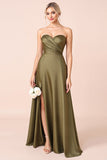 Olive A Line Satin Sweetheart Maxi Bridesmaid Dress with Slit