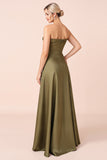 Olive A Line Satin Sweetheart Maxi Bridesmaid Dress with Slit