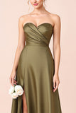 Olive A Line Satin Sweetheart Maxi Bridesmaid Dress with Slit