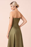 Olive A Line Satin Sweetheart Maxi Bridesmaid Dress with Slit