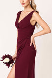 Elegant Burgundy Sheath Satin V-Neck Maxi Bridesmaid Dress with Slit