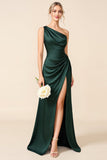 Pine Sheath Satin One Shoulder Maxi Bridesmaid Dress with High Slit