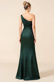 Pine Sheath Satin One Shoulder Maxi Bridesmaid Dress with High Slit