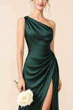 Pine Sheath Satin One Shoulder Maxi Bridesmaid Dress with High Slit