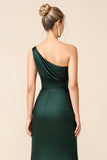 Pine Sheath Satin One Shoulder Maxi Bridesmaid Dress with High Slit