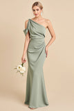 Mermaid Satin Matcha One Shoulder Maxi Bridesmaid Dress