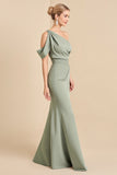 Mermaid Satin Matcha One Shoulder Maxi Bridesmaid Dress
