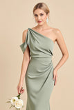 Mermaid Satin Matcha One Shoulder Maxi Bridesmaid Dress