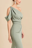 Mermaid Satin Matcha One Shoulder Maxi Bridesmaid Dress