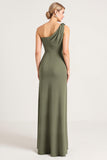 Maxi Olive Mermaid Ruched Satin One Shoulder Bridesmaid Dress with Slit