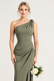 Maxi Olive Mermaid Ruched Satin One Shoulder Bridesmaid Dress with Slit