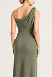 Maxi Olive Mermaid Ruched Satin One Shoulder Bridesmaid Dress with Slit