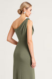 Olive Maxi Sheath Satin One Shoulder Bridesmaid Dress with Slit