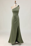 Maxi Olive Mermaid Ruched Satin One Shoulder Bridesmaid Dress with Slit