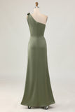 Maxi Olive Mermaid Ruched Satin One Shoulder Bridesmaid Dress with Slit