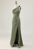 Maxi Olive Mermaid Ruched Satin One Shoulder Bridesmaid Dress with Slit