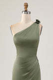 Maxi Olive Mermaid Ruched Satin One Shoulder Bridesmaid Dress with Slit