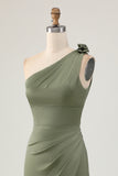Maxi Olive Mermaid Ruched Satin One Shoulder Bridesmaid Dress with Slit